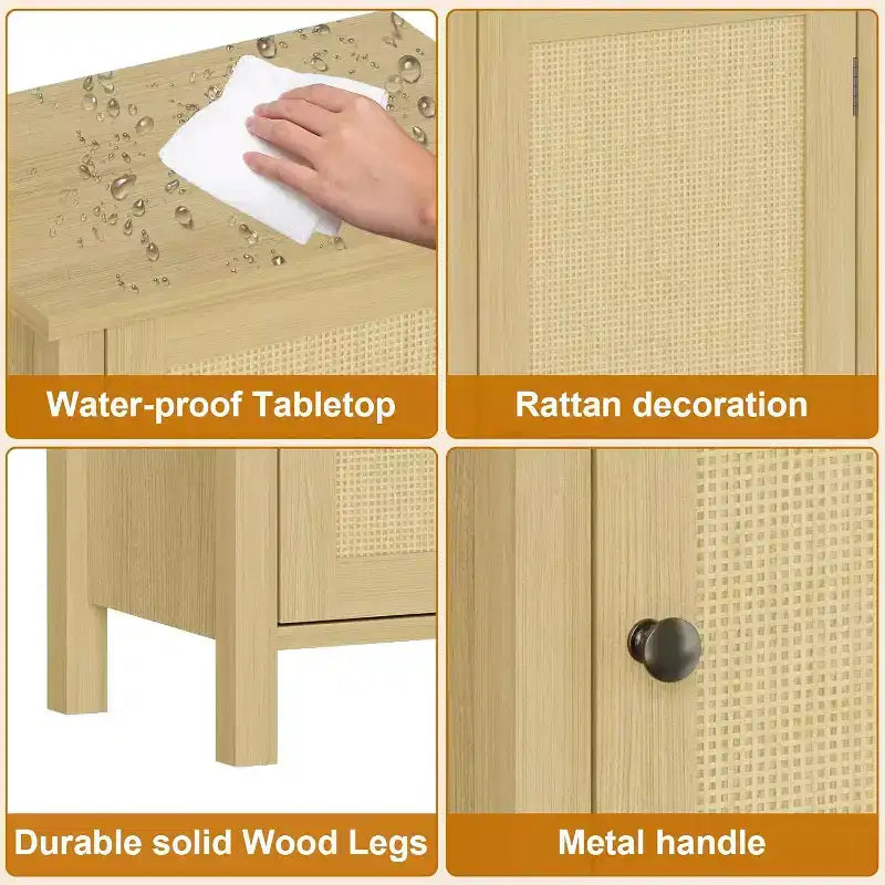 Comodino rustico con anta in rattan, tavolino laterale accentato nero con contenitore - Comodino moderno compatto per camera da letto, soggiorno, ufficio