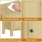 Comodino rustico con anta in rattan, tavolino laterale accentato nero con contenitore - Comodino moderno compatto per camera da letto, soggiorno, ufficio