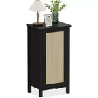 Comodino rustico con anta in rattan, tavolino laterale accentato nero con contenitore - Comodino moderno compatto per camera da letto, soggiorno, ufficio