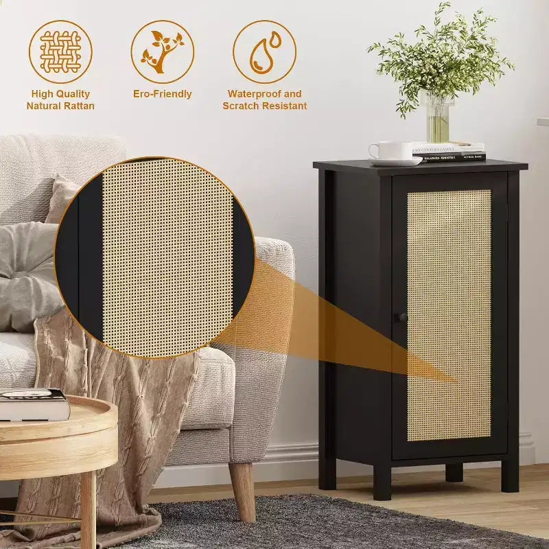 Comodino rustico con anta in rattan, tavolino laterale accentato nero con contenitore - Comodino moderno compatto per camera da letto, soggiorno, ufficio