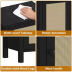 Comodino rustico con anta in rattan, tavolino laterale accentato nero con contenitore - Comodino moderno compatto per camera da letto, soggiorno, ufficio