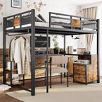 Full Loft Bed with Desk and Storage Non-woven Fabric Drawers Metal Loft Bed Frame with Ladders Nosie-free and No Spring Box Needed.Black
