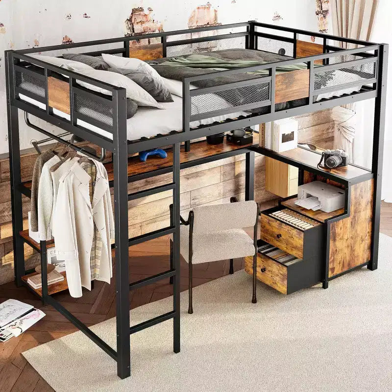 Letto a soppalco con scrivania e cassetti in tessuto non tessuto, struttura in metallo con scale, silenzioso e senza bisogno di rete. Nero