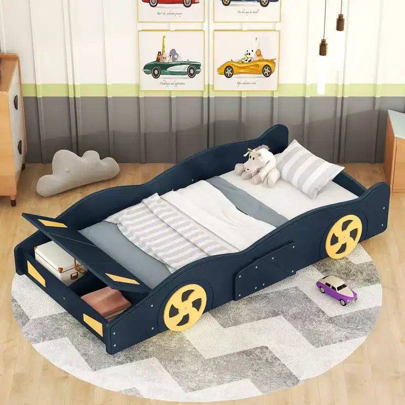 Letto a piattaforma a forma di auto Dean con ruote e contenitore