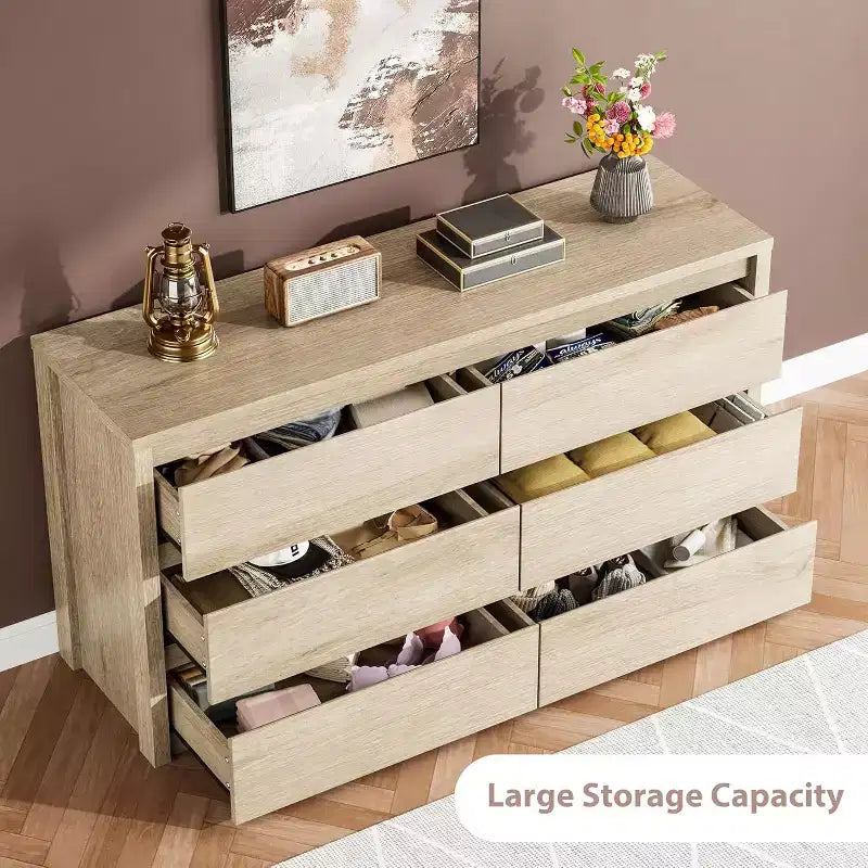 Cassettiera a 6 cassetti per camera da letto, Comò in legno largo senza maniglie, Grande cassettiera moderna per soggiorno, ingresso, corridoio