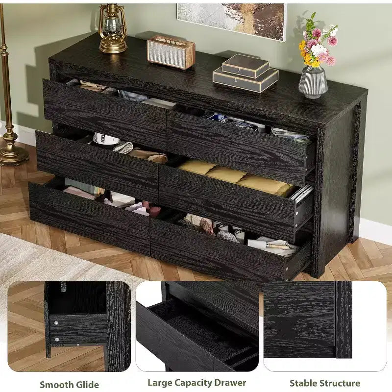 Cassettiera a 6 cassetti per camera da letto, Comò in legno largo senza maniglie, Grande cassettiera moderna per soggiorno, ingresso, corridoio