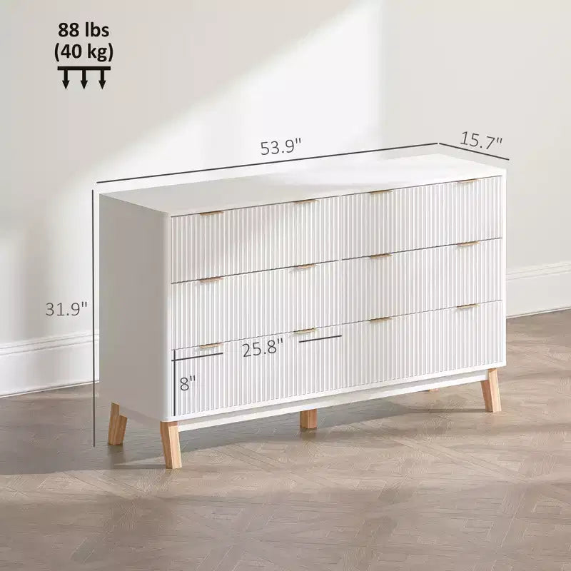 Comò a 6 cassetti per camera da letto, cassettiera scanalata con maniglie dorate e 5 gambe in legno