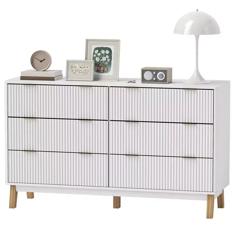 Comò a 6 cassetti per camera da letto, cassettiera scanalata con maniglie dorate e 5 gambe in legno