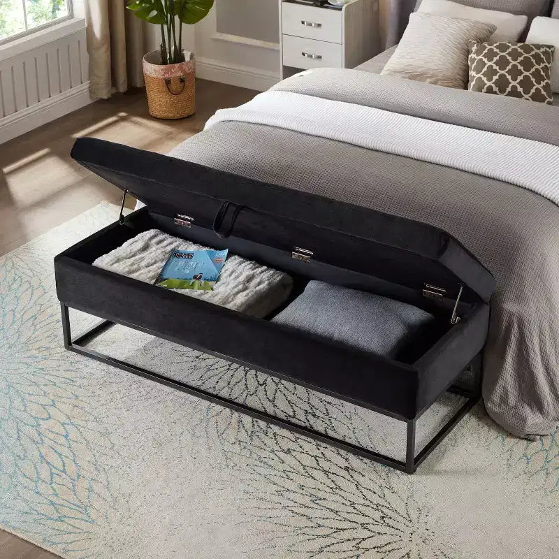 58.6 Panca Ottomana di Tendenza a Fondo Letto con Contenitore, Ottomana di Lusso in Velluto, Panca Accento Imbottita in Morbida Schiuma con Gambe in Ferro, Capacità 227 kg