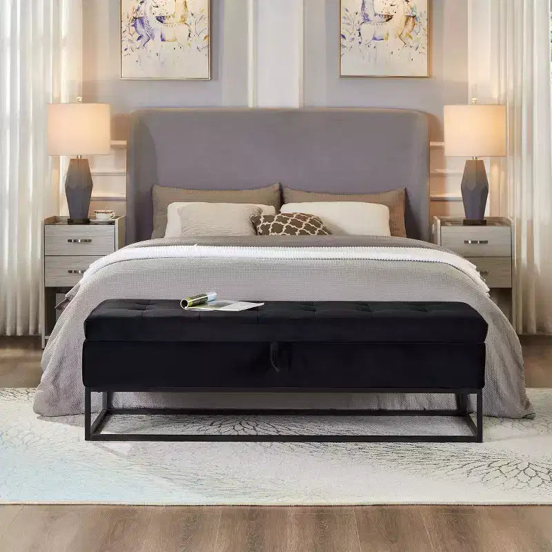 58.6 Panca Ottomana di Tendenza a Fondo Letto con Contenitore, Ottomana di Lusso in Velluto, Panca Accento Imbottita in Morbida Schiuma con Gambe in Ferro, Capacità 227 kg