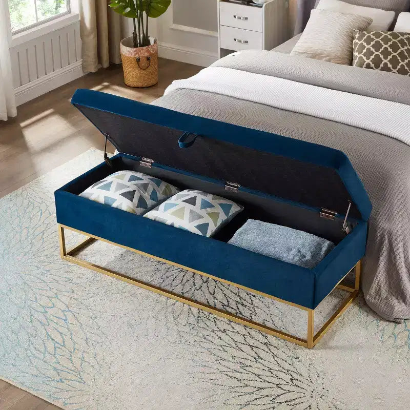 58.6 Panca Ottomana di Tendenza a Fondo Letto con Contenitore, Ottomana di Lusso in Velluto, Panca Accento Imbottita in Morbida Schiuma con Gambe in Ferro, Capacità 227 kg