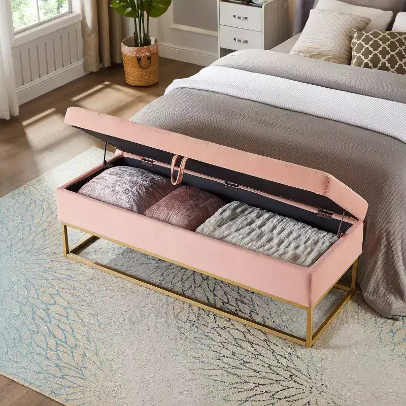 58.6 Panca Ottomana di Tendenza a Fondo Letto con Contenitore, Ottomana di Lusso in Velluto, Panca Accento Imbottita in Morbida Schiuma con Gambe in Ferro, Capacità 227 kg