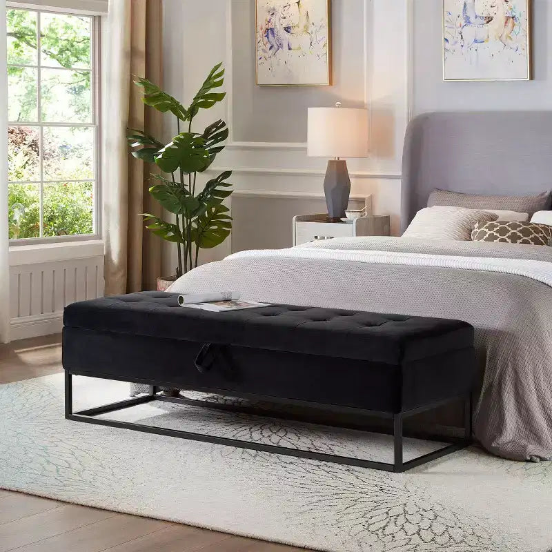 58.6 Panca Ottomana di Tendenza a Fondo Letto con Contenitore, Ottomana di Lusso in Velluto, Panca Accento Imbottita in Morbida Schiuma con Gambe in Ferro, Capacità 227 kg