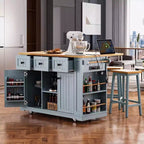 53 Grande Isola da Cucina con Rotelle, Ribalta e Presa Elettrica, Carrello da Cucina con Ante, 5 Ripiani Laterali e 5 Ruote, Blu Grigio