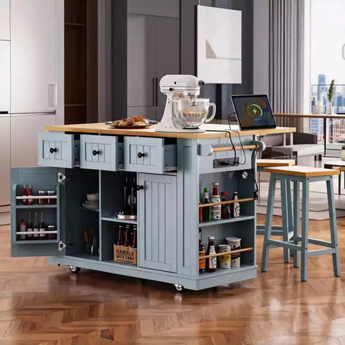 53 Grande Isola da Cucina con Rotelle, Ribalta e Presa Elettrica, Carrello da Cucina con Ante, 5 Ripiani Laterali e 5 Ruote, Blu Grigio