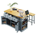 53 Grande Isola da Cucina con Rotelle, Ribalta e Presa Elettrica, Carrello da Cucina con Ante, 5 Ripiani Laterali e 5 Ruote, Blu Grigio