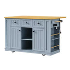 53 Grande Isola da Cucina con Rotelle, Ribalta e Presa Elettrica, Carrello da Cucina con Ante, 5 Ripiani Laterali e 5 Ruote, Blu Grigio
