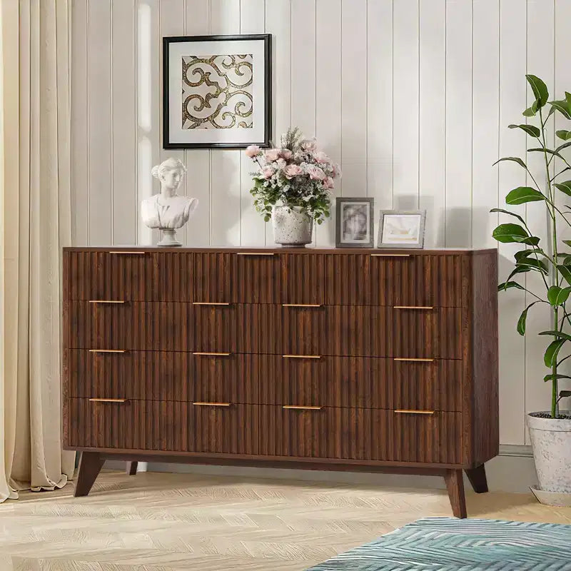 Acekool 9 Drawer Dresser with Faux Marble Top, Modern Fluted Chest, Wide Storage Organizer for Bedroom or Living Room, Natural Oak