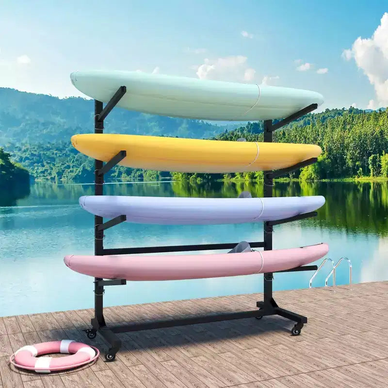 Porta kayak autoportante 80H, supporto regolabile resistente con ruote bloccabili, capacità 4 kayak/canoa/SUP/tavola da surf (nero)