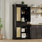 69 Tall Storage Cabinet with Rattan Doors & Adjustable Shelves, 4-Door Freestanding Cupboard with Drawer for Living Room, Home Office, Dining  Black