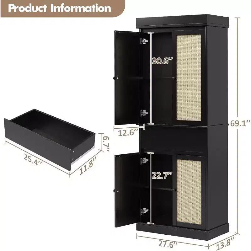 Mobile contenitore alto 69" con ante in rattan e ripiani regolabili, armadio autoportante a 4 ante con cassetto per soggiorno, ufficio, sala da pranzo - Nero