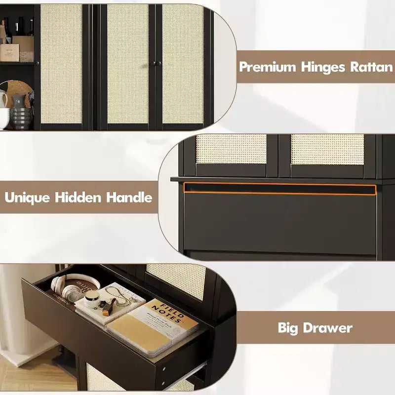 Mobile contenitore alto 69" con ante in rattan e ripiani regolabili, armadio autoportante a 4 ante con cassetto per soggiorno, ufficio, sala da pranzo - Nero