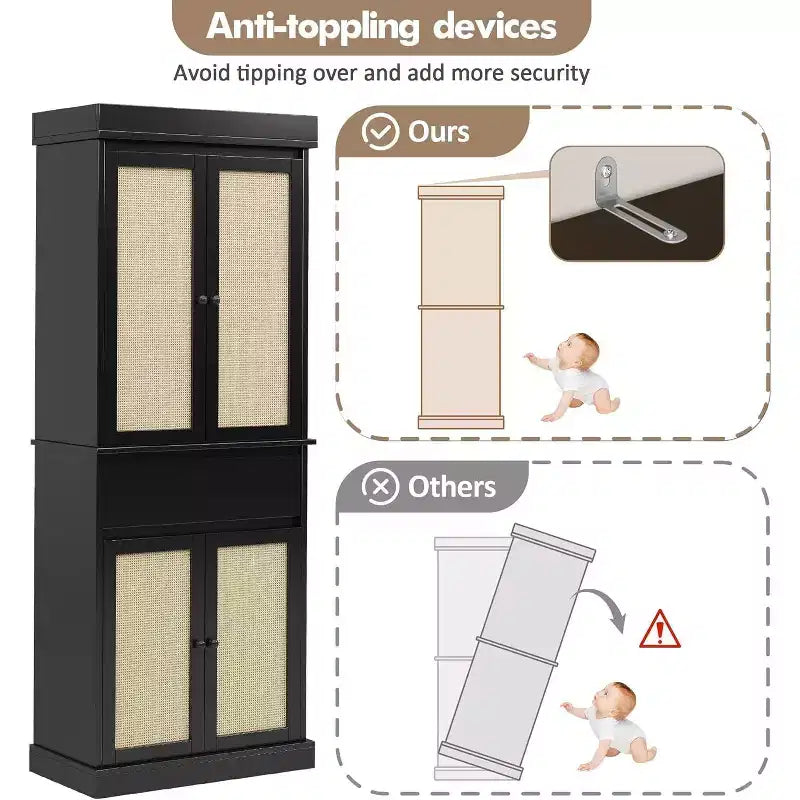 Mobile contenitore alto 69" con ante in rattan e ripiani regolabili, armadio autoportante a 4 ante con cassetto per soggiorno, ufficio, sala da pranzo - Nero