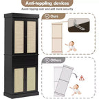 Mobile contenitore alto 69" con ante in rattan e ripiani regolabili, armadio autoportante a 4 ante con cassetto per soggiorno, ufficio, sala da pranzo - Nero