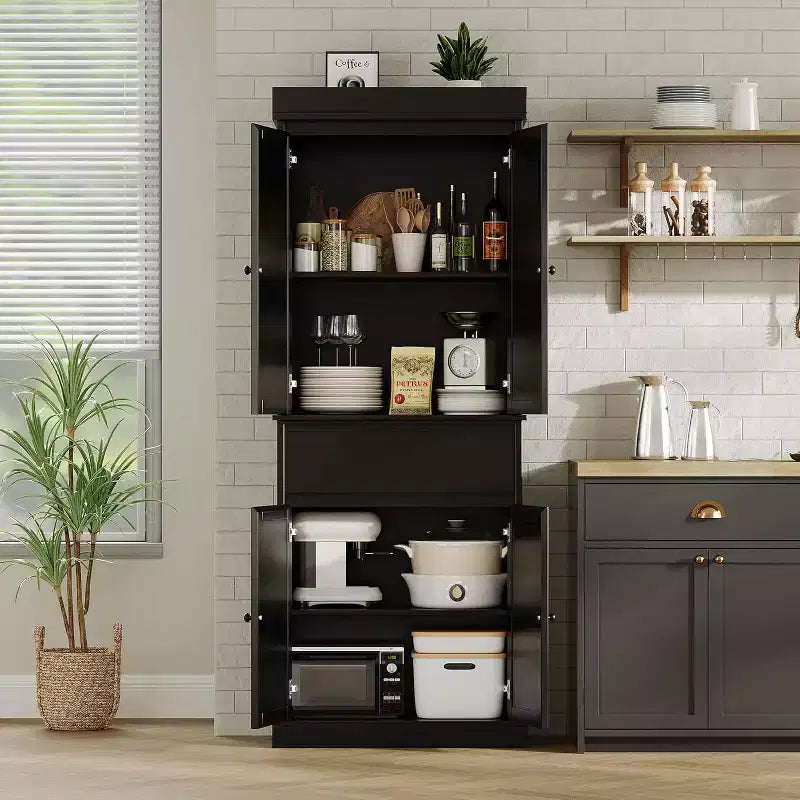Mobile contenitore alto 69" con ante in rattan e ripiani regolabili, armadio autoportante a 4 ante con cassetto per soggiorno, ufficio, sala da pranzo - Nero