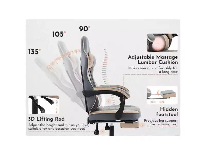 Sedia da Gaming, Sedia da Computer Ergonomica con Poggiapiedi e Supporto Lombare Massaggiante, Sedia da Videogiochi Girevole Regolabile in Altezza Blu Beige